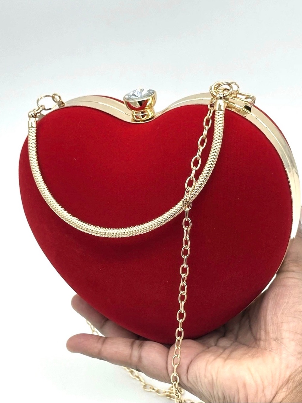 Red Velvet Heart Clutch Crossbody with Gold Chain Evening Bag